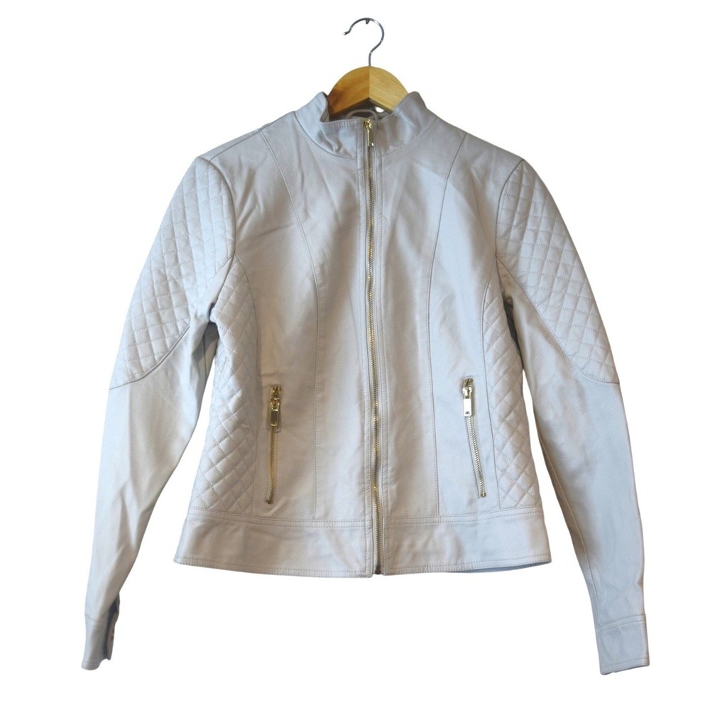 Giacca Moto Jacket Women Medium Off-White NEW Quilted Faux Leather Zip